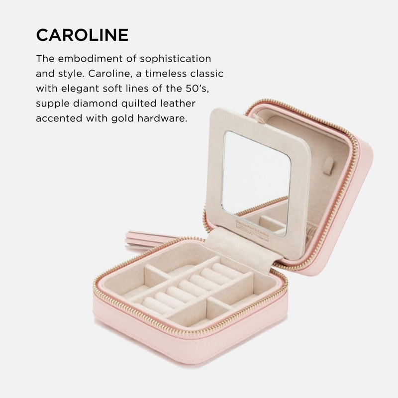 Wolf Designs WOLF Caroline Zip Travel Case, Rose Quartz - Seven Ring Rolls, Four Compartments, Three Necklace Hooks & Pocket - Anti-Tarnish LusterLoc Lining - Image 2